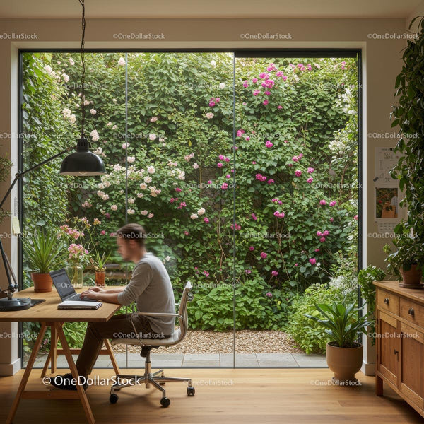 Modern Home Office with Blooming Garden View