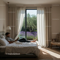 Man Relaxing in a Cozy Bedroom with Lavender View