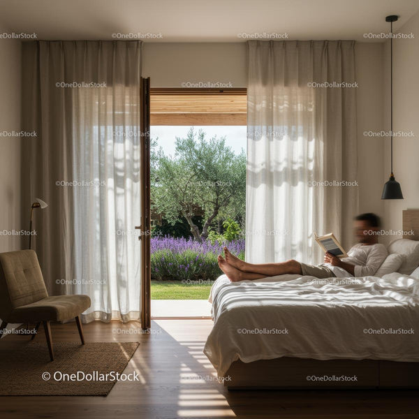 Man Relaxing and Reading in Cozy Bedroom with Lavender View