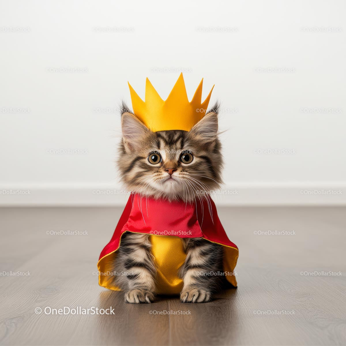 Adorable Tabby Kitten in a Royal Crown and Cape Costume