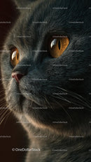 Close-Up of a Gray Cat with Amber Eyes