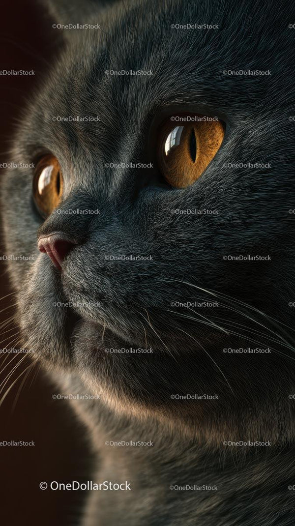 Close-Up Portrait of a British Shorthair Cat with Amber Eyes