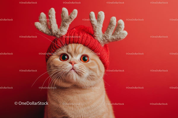 Cute Ginger Cat in Festive Reindeer Hat