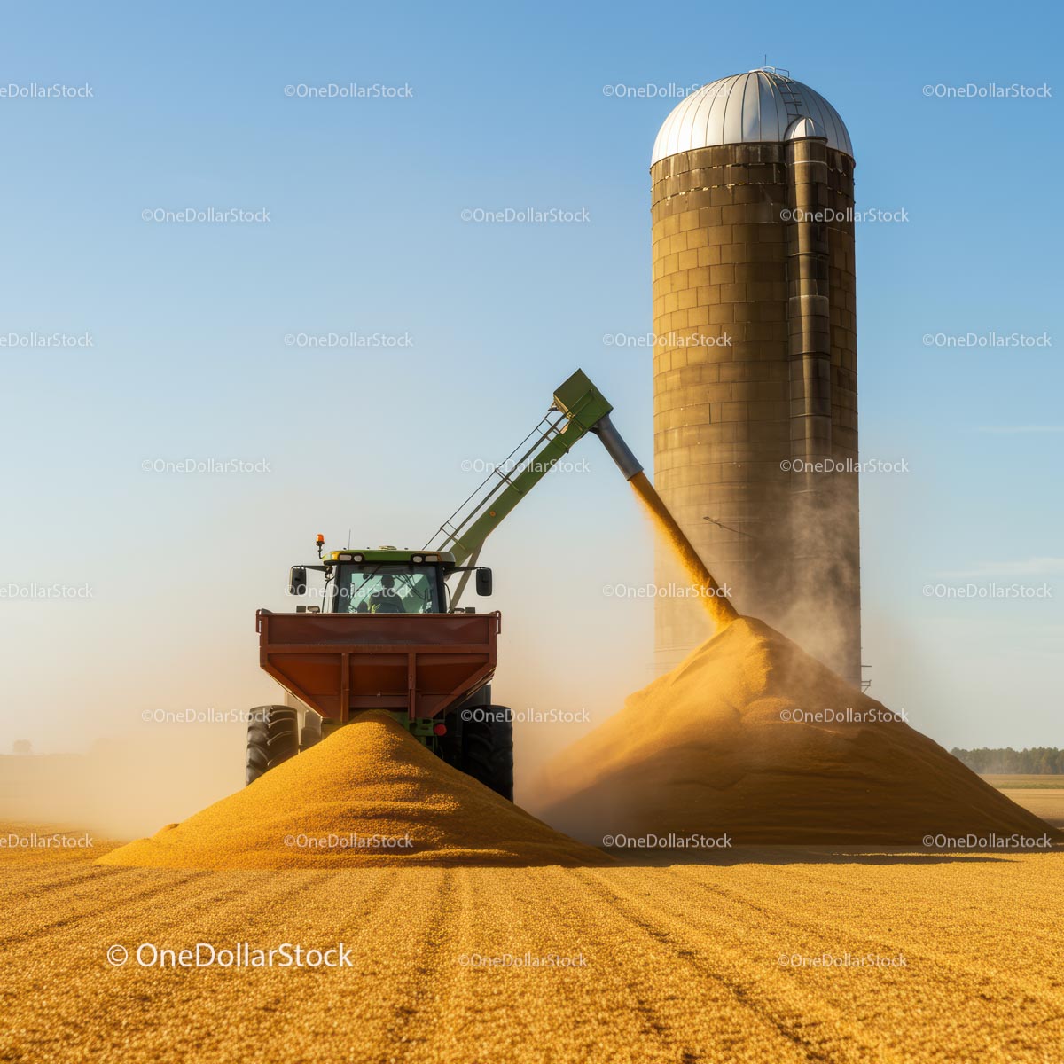 Tractor Unloading Grain at Farm Silo Under Blue Sky