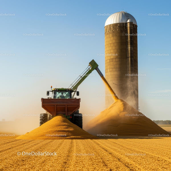 Traktor Rozładowujący Zboże przy Farmie Silo pod Błękitnym Niebiem