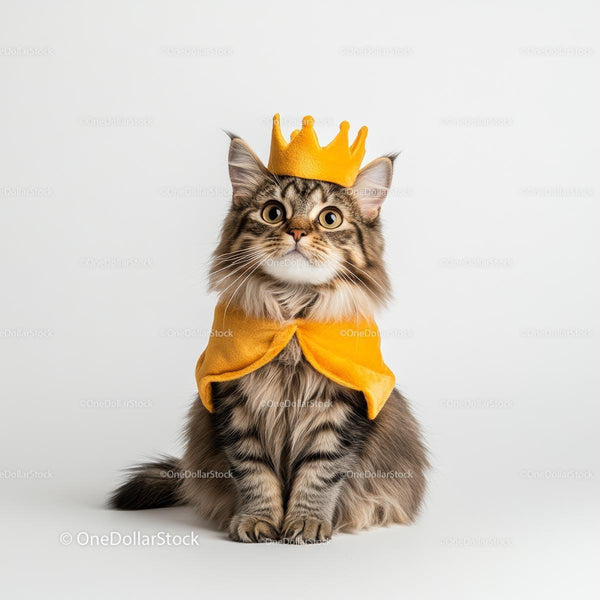 Fluffy Maine Coon Cat Wearing a Royal Crown and Orange Cape