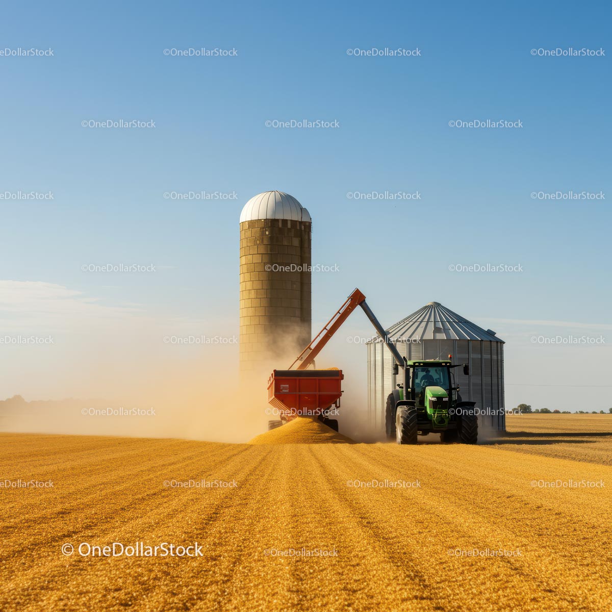 Tractor Harvesting Wheat Beneath Clear Blue Skies