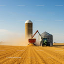 Tractor Harvesting Wheat Beneath Clear Blue Skies
