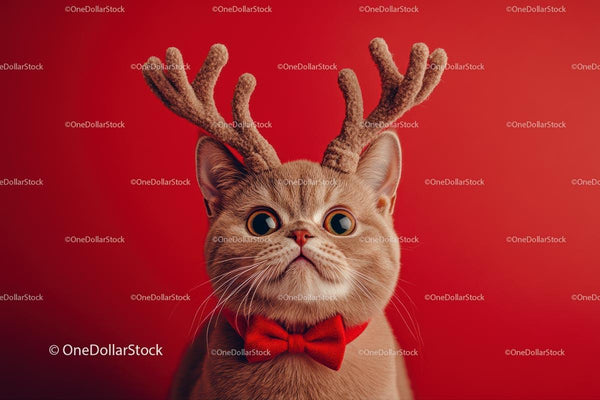 Festive Cat with Reindeer Antlers on Red Background