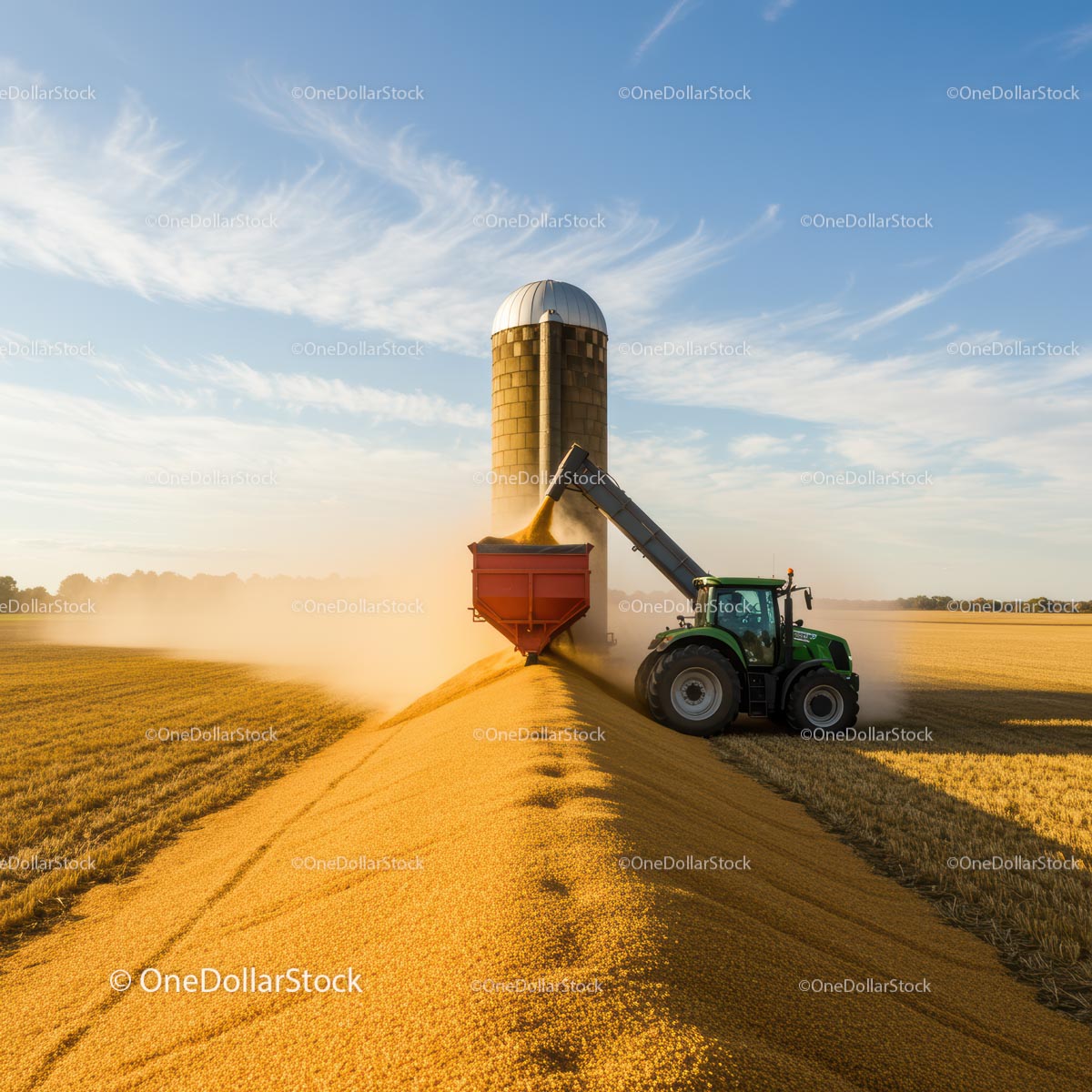 Tractor Harvesting Wheat by Silo in Sunlit Field