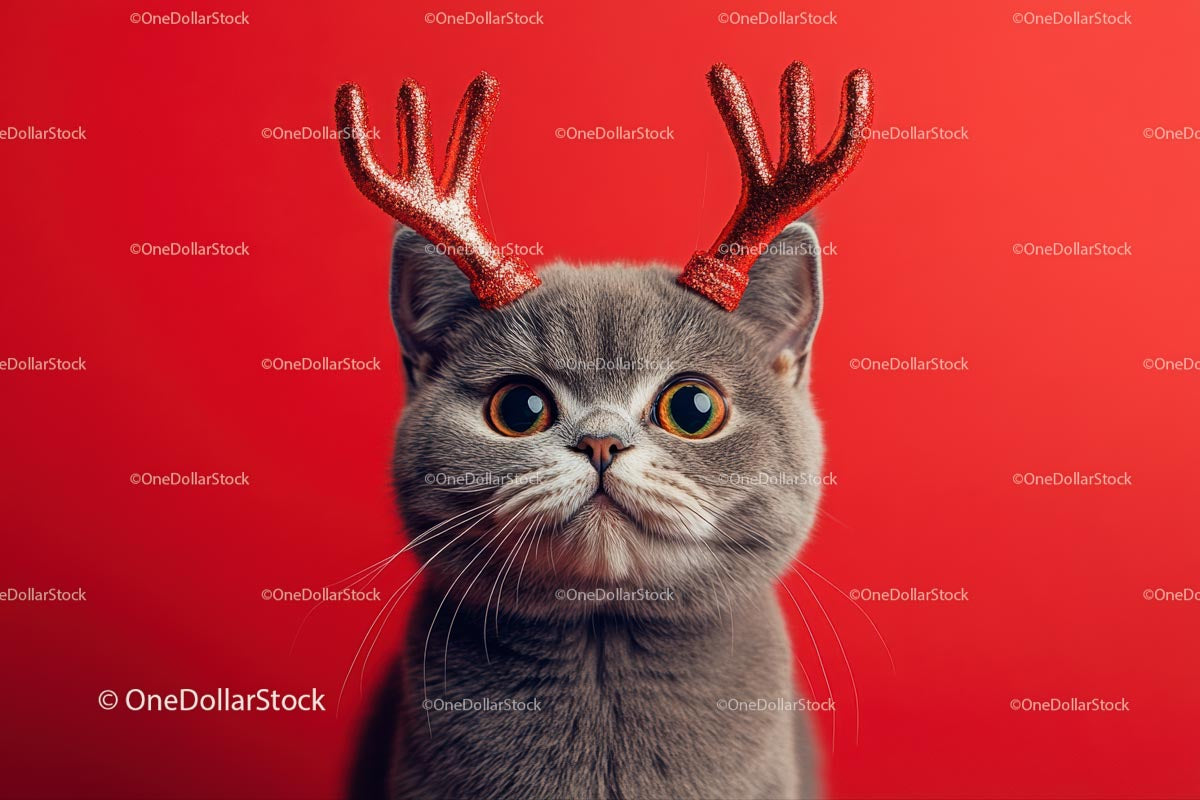 Adorable Gray Cat with Red Antlers on Festive Background