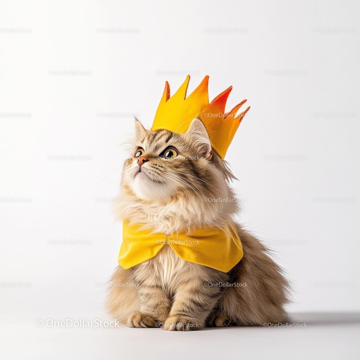 Fluffy Cat Wearing a Yellow Crown and Bow