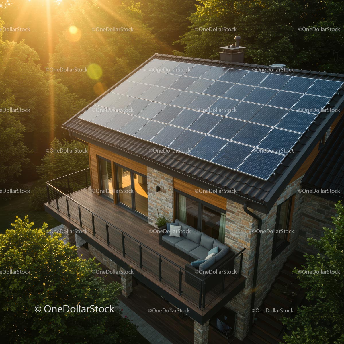 Sustainable Home with Solar Panels and Wooden Terrace