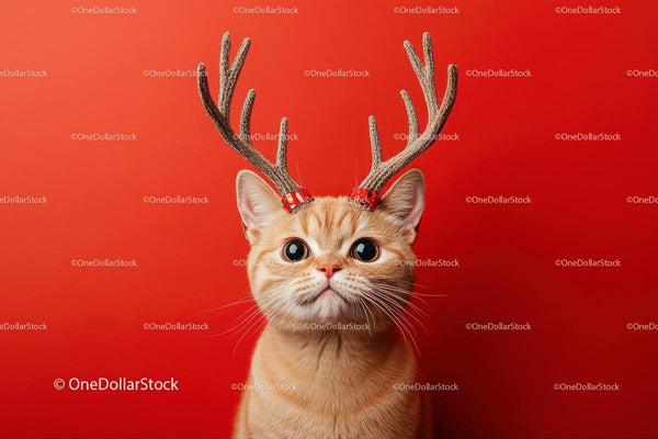 Ginger Cat with Festive Reindeer Antlers