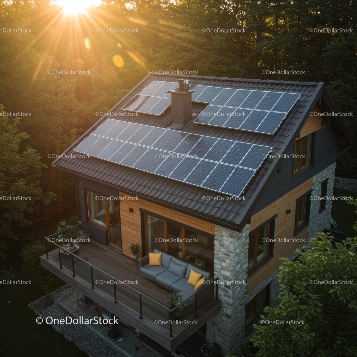 Modern Eco-Friendly House with Solar Panels at Sunset