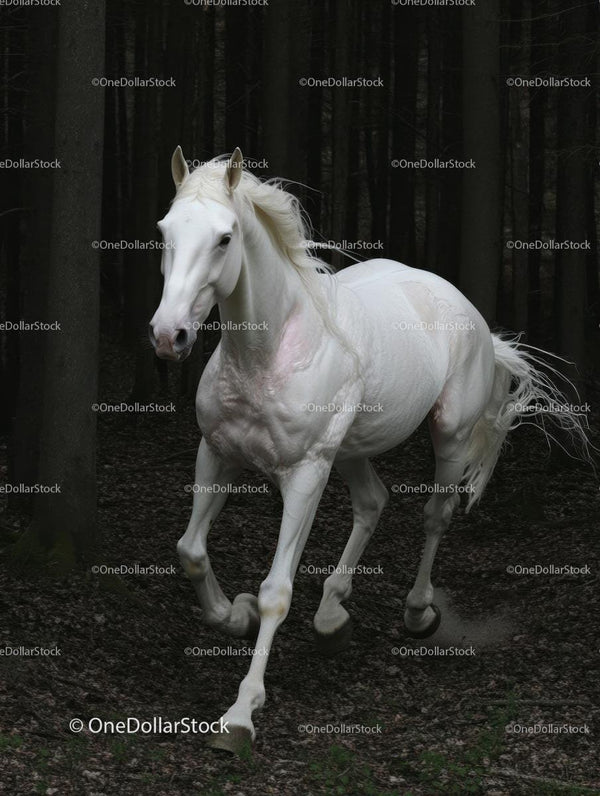 Majestic White Horse Galloping Through Forest