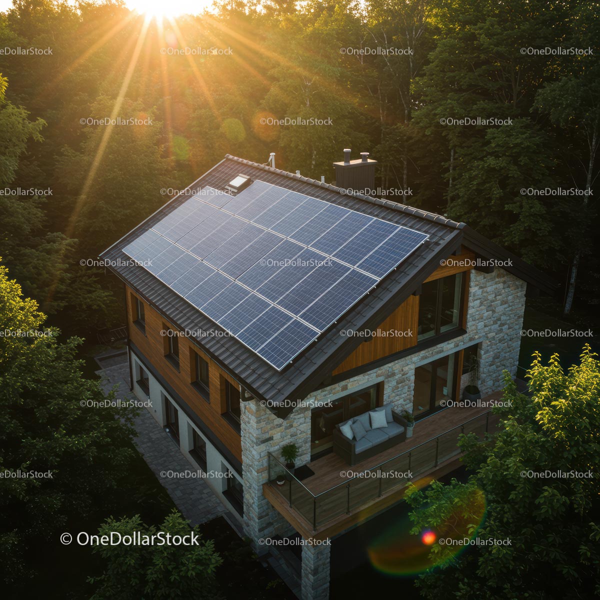 Eco-Friendly House with Solar Panels in a Lush Forest