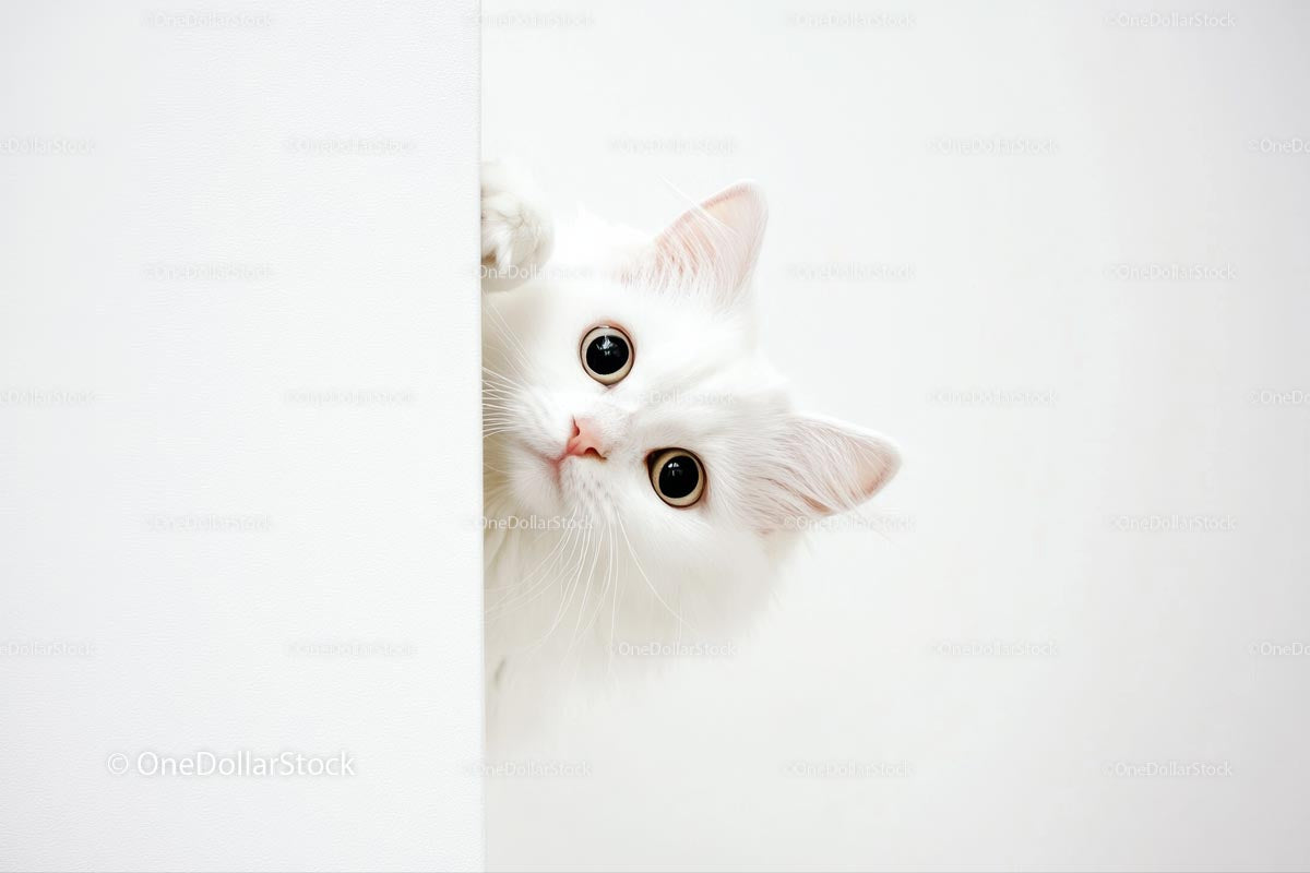 Curious White Cat Peeking Around a Corner