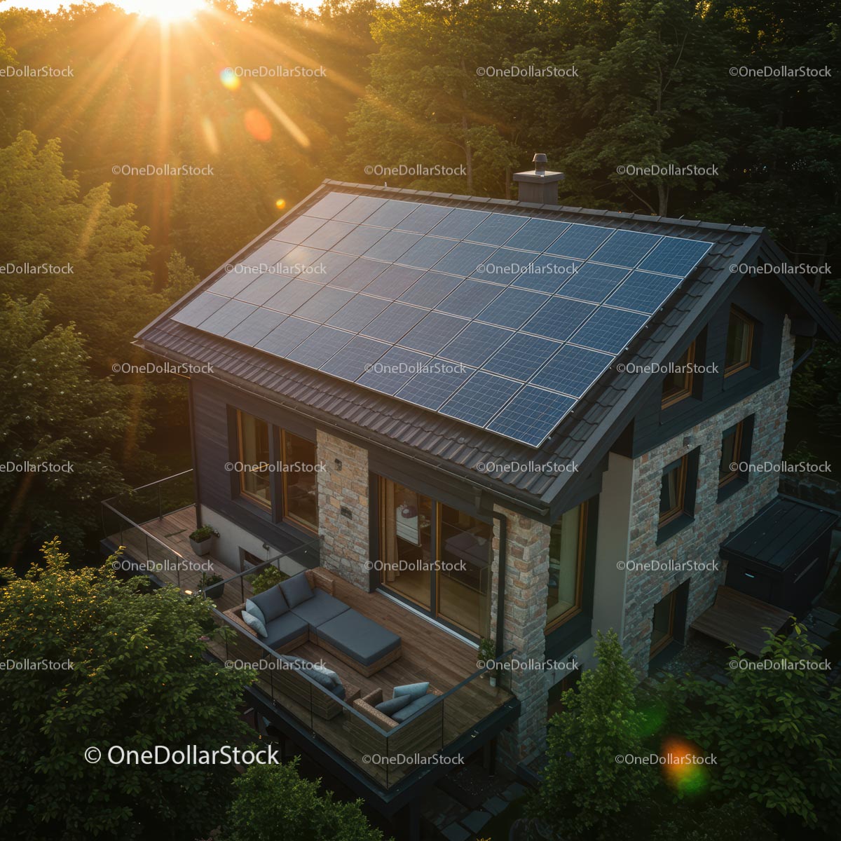 Modern House with Solar Panels Nestled in Forest at Sunrise