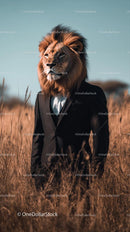 Lion in Suit Standing in Golden Grassland