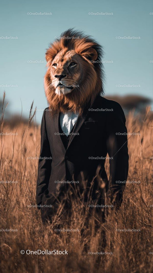 Lion in Suit Standing in Golden Grassland