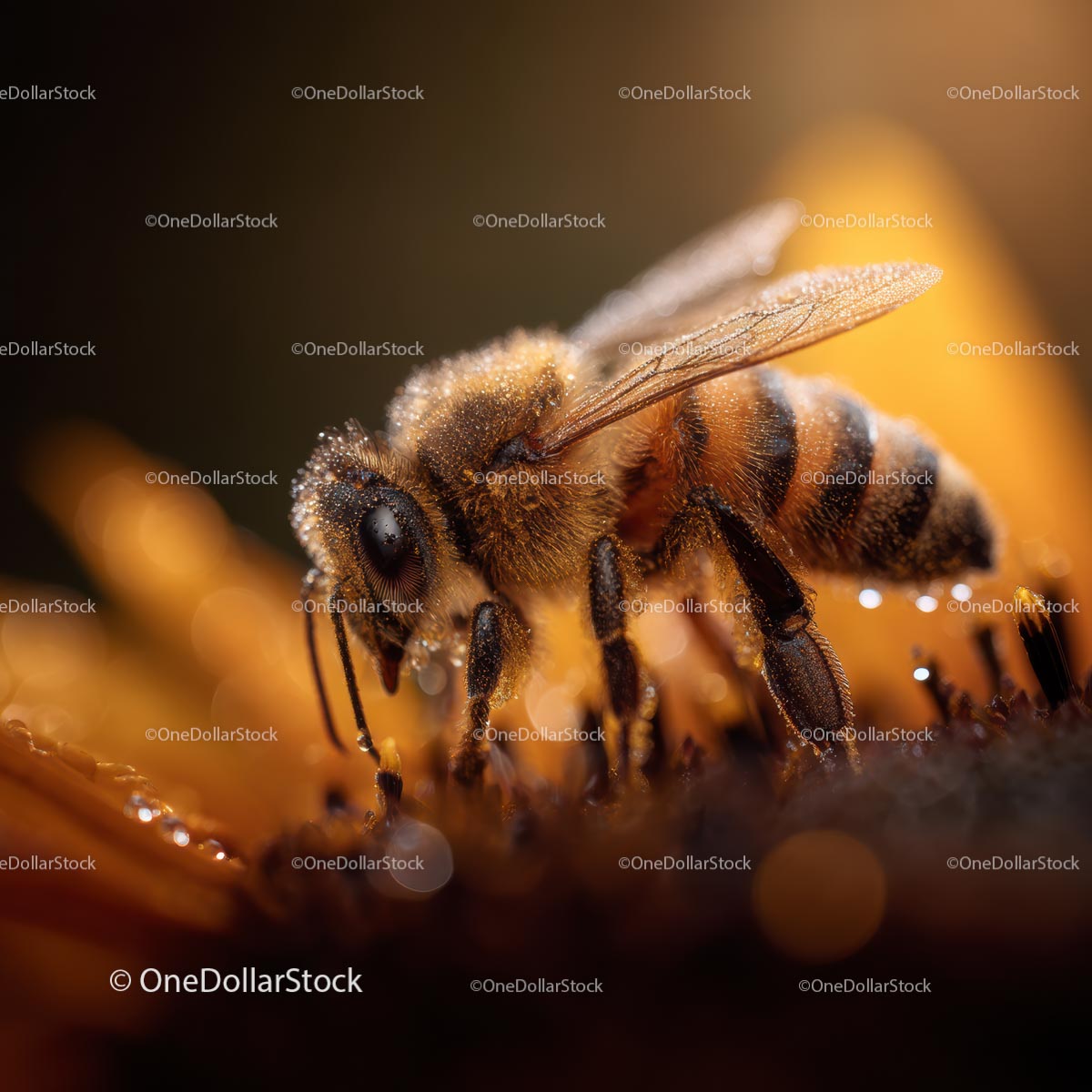 Makrofotografia pszczoły miodnej na żółtym kwiecie z kroplami rosy