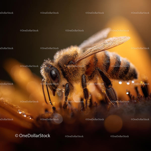 Macro Shot of Honeybee on Yellow Flower with Dew Drops