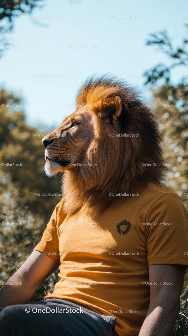 Surreal Lion-Human Hybrid in Orange T-Shirt