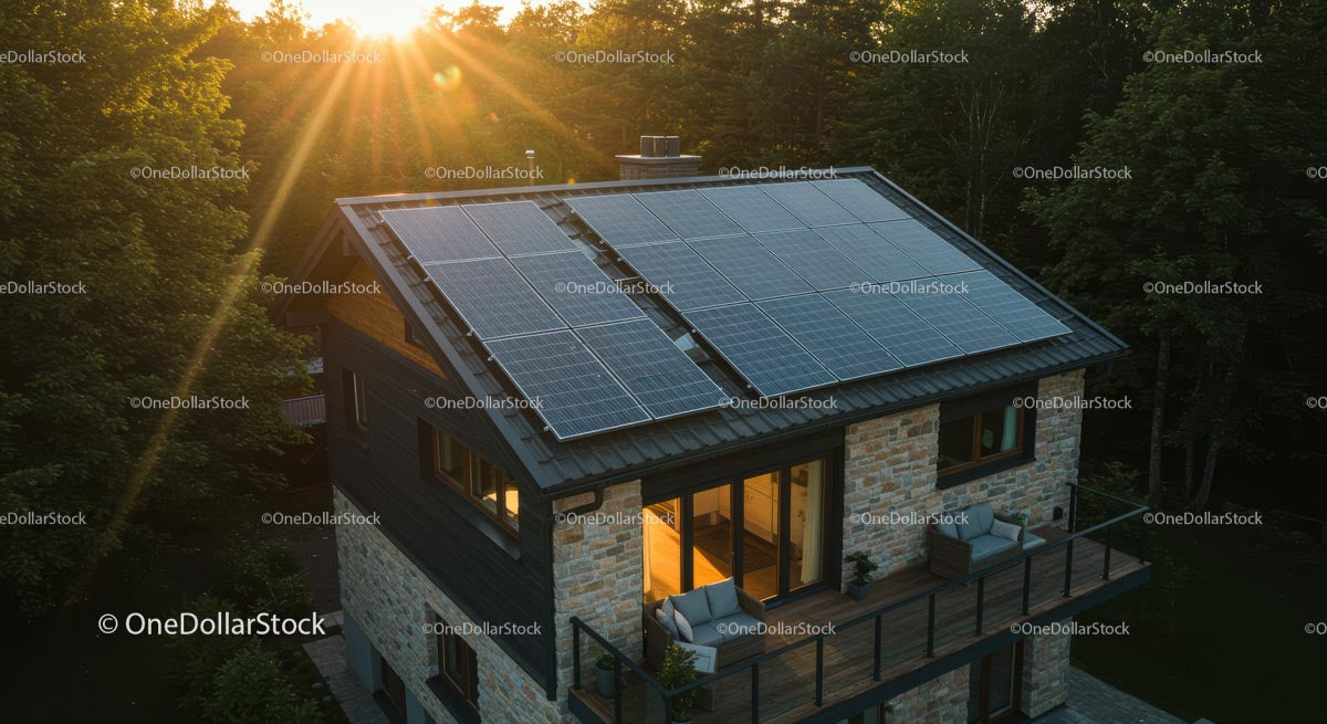 Modern Stone House with Solar Panels at Sunset