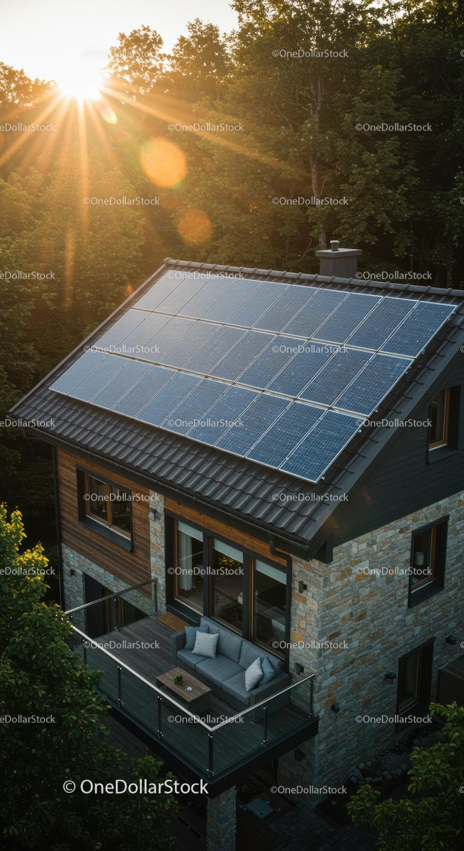 Modern Home with Solar Panels Amidst Forest at Sunset