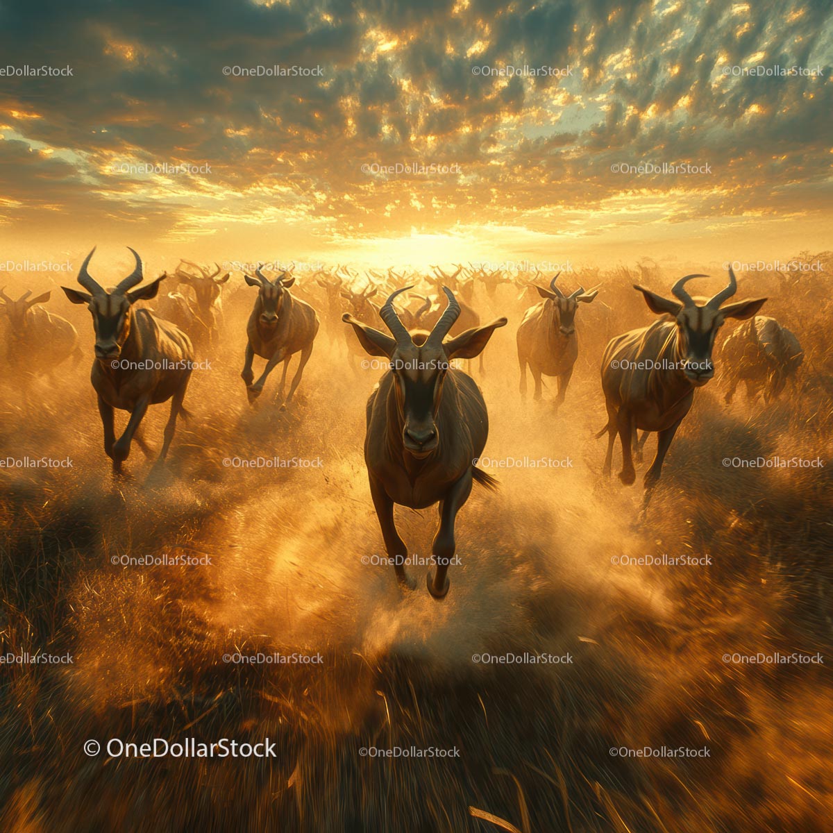 Dynamic Herd of Antelopes at Sunset in African Savannah