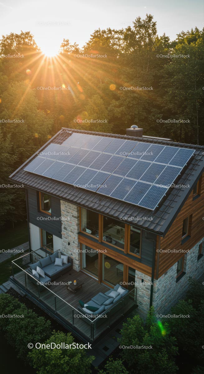 Modern House with Solar Panels in Forest Setting