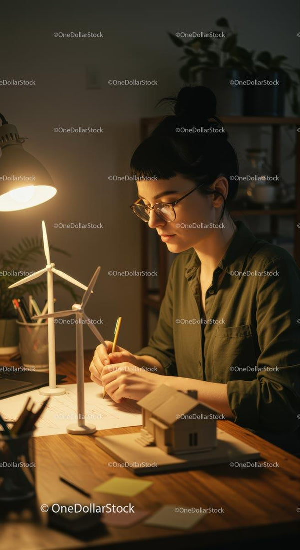 Skoncentrowana kobieta pracująca nad modelem turbiny wiatrowej przy biurku