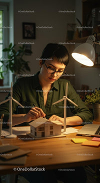 Focused Female Engineer Designing with Wind Turbine Models
