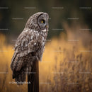 Great Gray Owl Perched Against Yellow Autumn Background