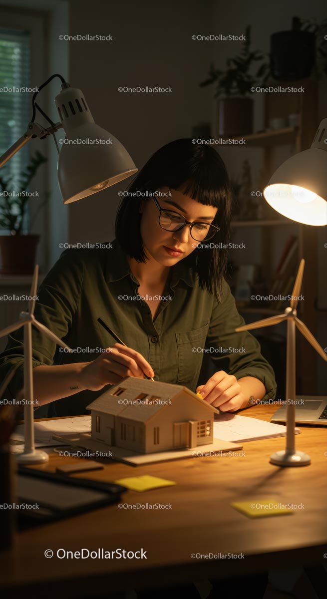 Female Architect Designing Model House at Night