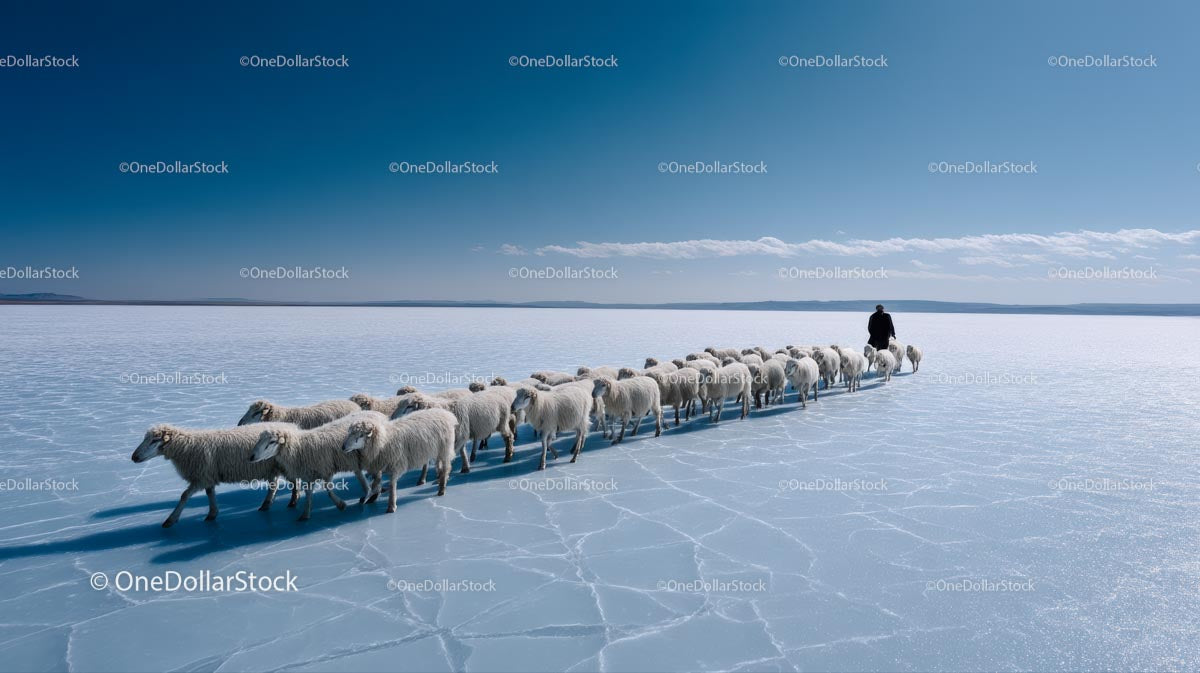 Shepherd Leading Flock Across Icy Terrain Under Blue Sky