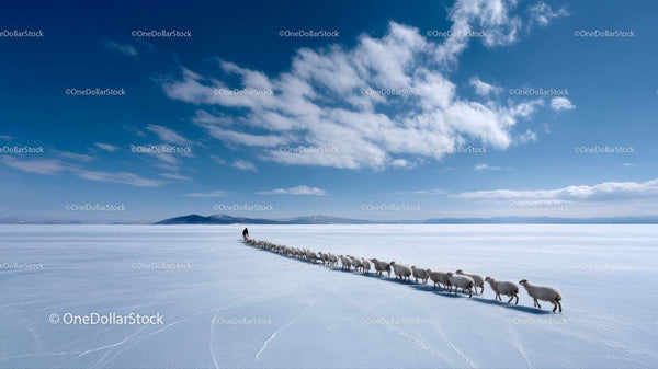 Shepherd Leading Flock Across Frozen Lake Under Blue Sky