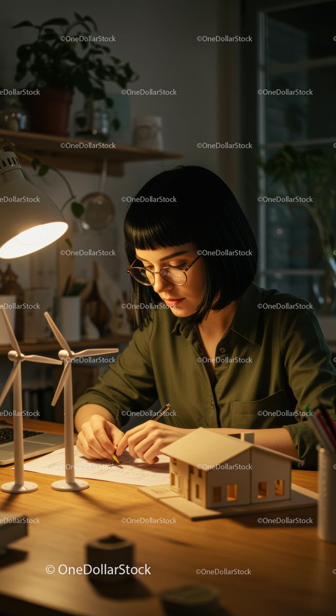 Focused Architect Working on Design at Night