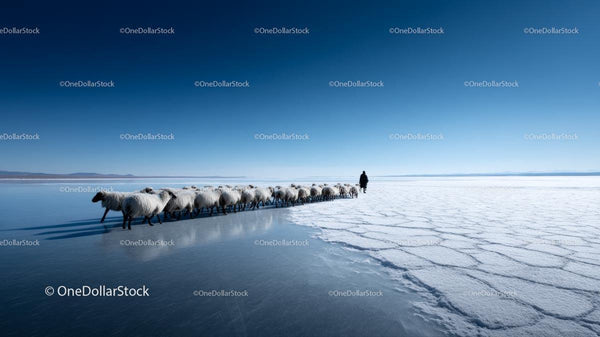 Flock of Sheep Crossing Frozen Lake Under Blue Sky