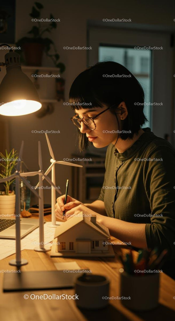 Architekt Projektujący Ekologiczny Model z Turbinami Wiatrowymi