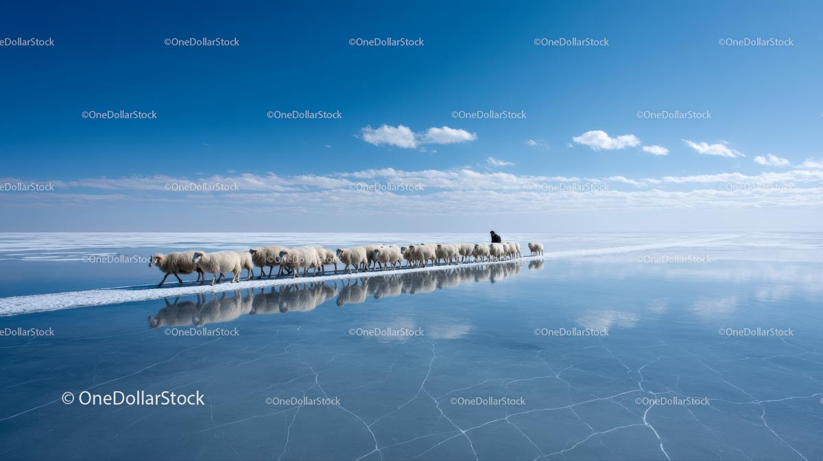 Sheep Herd Crossing Reflective Icy Landscape