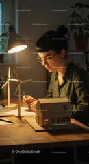 Focused Woman Working on Architectural Models at Night