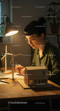 Focused Woman Working on Architectural Models at Night