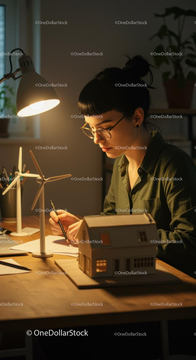 Focused Woman Working on Architectural Models at Night