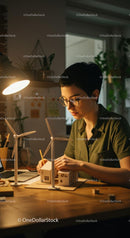 Woman Designing Wind Turbine Models in Home Office