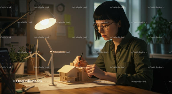 Architekt Projektujący Model Domu Pod Ciepłym Światłem Lampy