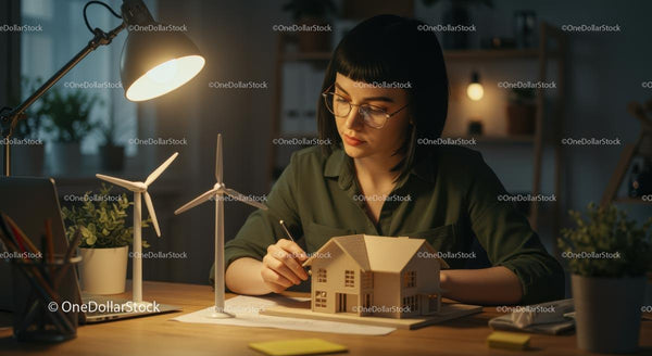 Architekt pracujący nad modelem domu i projektem turbiny wiatrowej