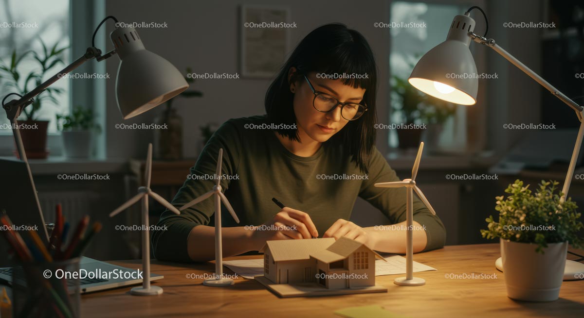 Skupiona kobieta projektująca model architektoniczny w przytulnym domowym biurze