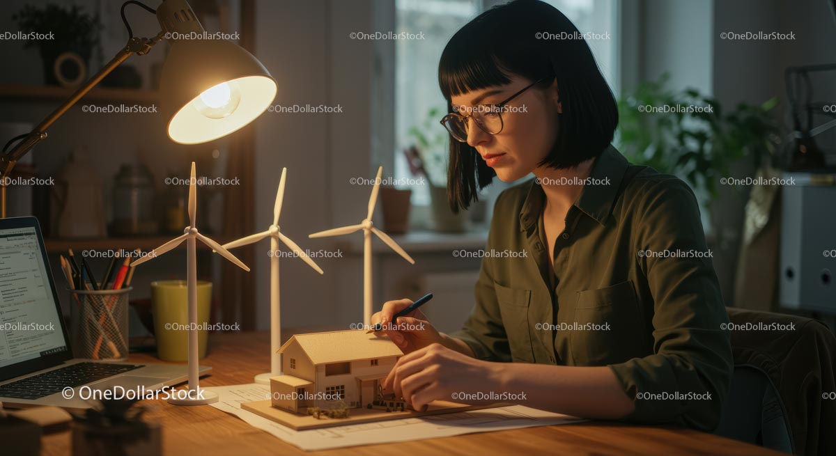 Architect Designing with Model House and Wind Turbines